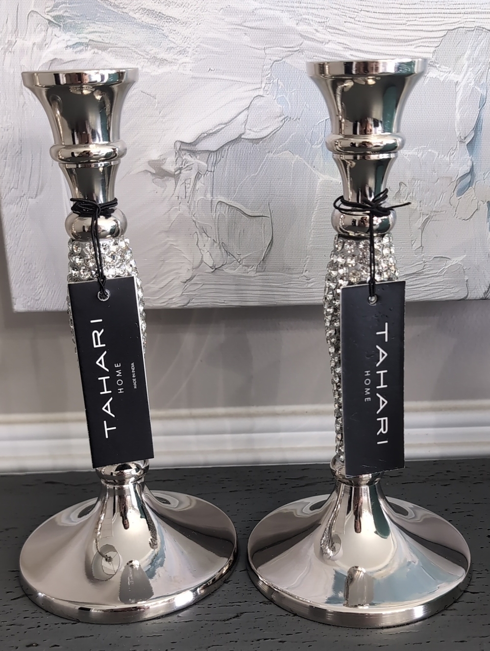 Tahari Rhinestone Crystal Silver Candle Holders Set of 2 NWT Glam Tabletop
